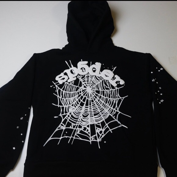 Black Hoodie with White Spiderweb Graphic and Sleeve Stars